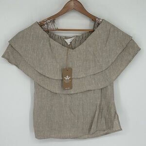 Crown Linen Designs Women’s Sz S Luminary Layered Blouse Shirt Beige 100% Linen